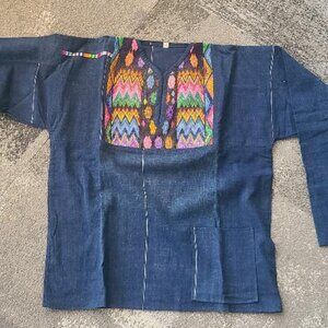 Embroidered Boho Indigenous Blue Pullover Tunic Vintage Shirt Size Medium Groovy
